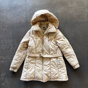 Vintage Saxton Hall Belted Puffer Coat Hooded Beige Jacket Women's Size 13/14